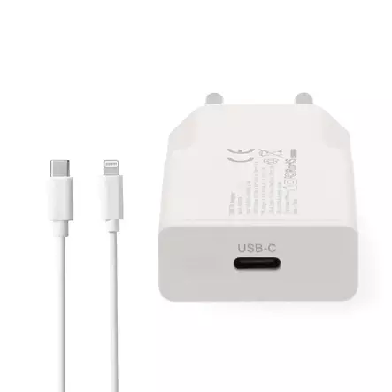 Väggladdare | 20 W | GaN | PD3.0 | 1.67 A / 2.22 A / 3.0 A | Antal utgångar: 1 | USB-C | Lightning 8-Pin (Lös) Kabel | 1.00 m | Automatiskt val av Spänning | Vit - Nätladdare - 5412810472819 - 10