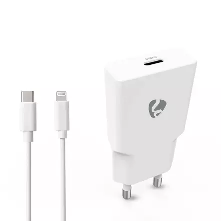 Väggladdare | 20 W | GaN | PD3.0 | 1.67 A / 2.22 A / 3.0 A | Antal utgångar: 1 | USB-C | Lightning 8-Pin (Lös) Kabel | 1.00 m | Automatiskt val av Spänning | Vit - Nätladdare - 5412810472819 - 1