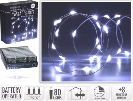 Silvertråd LED-ljusslinga 80 kalla vita LED-lampor 395cm med timer och 8 funktioner för inomhus/utomhusbruk - Ljusslingor - 8720573662529 - 1