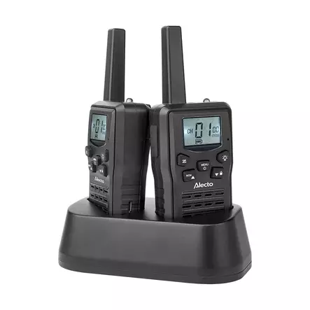Walkie-Talkie Set | 2 handenheter | Upp till 10 km | Frekvenskanaler: 8 | PTT / VOX | 360 min | Laddningsstation ingår | Hörlursutgång | Svart - Walkie-talkies och megafoner - 8711902102489 - 1