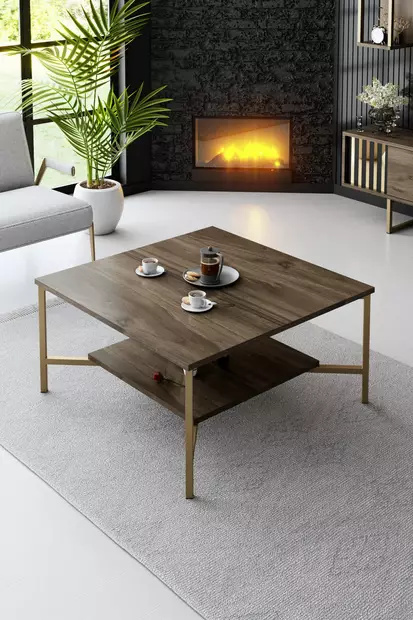 Soffbord Hanah Home Gold Line Valnöt Svart Spånskiva 80x80x40 cm - Soffbord - 8683742126249 - 2