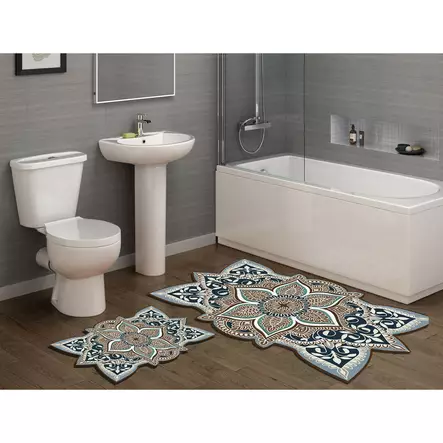 Badrumsmatta Set Mijölnir Krämvit 100% Polyester Halkfri Antibakteriell Maskintvättbar 50x60 cm & 60x100 cm - Badrumsmattor och våtrumsmattor - 8682870989399 - 2