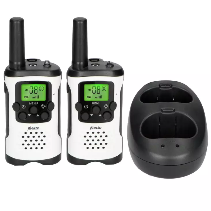 Walkie-Talkie Set | 2 handenheter | Upp till 7 km | Frekvenskanaler: 8 | PTT / VOX | 24 h standby | Headsetutgång | Inbyggd ficklampa | Vit / Svart - Walkie-talkies och megafoner - 8712412583249 - 1