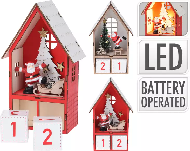 Adventskalender i trä Hus med LED-ljus - Juldekorationer och textilier - 8719987716539 - 1