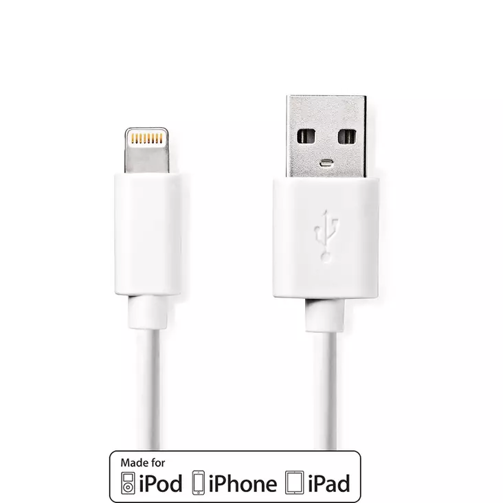Lightning Kabel | USB 2.0 | Apple Lightning, 8-stifts | USB-A Hane | 480 Mbps | Nickelplaterad | 3.00 m | Rund | PVC | Vit | Label - Nedis produkter - 5412810421039 - 1