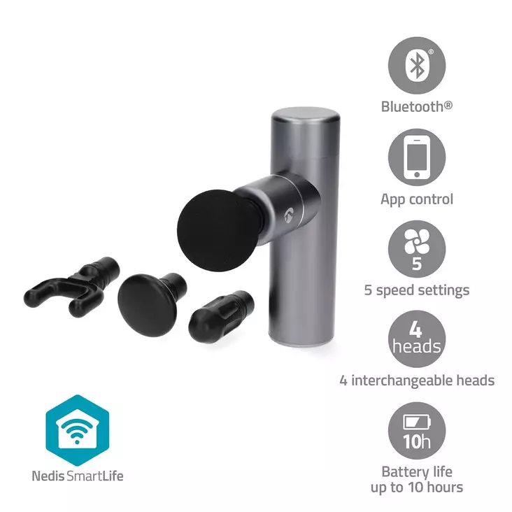 SmartLife Sportmassage Pistol | Accu Powered | Uppladdningsbar | 5 Massagelägen | Dragsko / Koniskt huvud / Platt huvud / Sfäriskt huvud / U-formad huvud | Mörkgrå - Muskelavslappnare och massage - 5412810447329 - 1