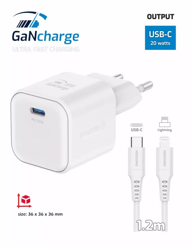 Swissten GaN+ USB-C 20W-laddare + USB-C/Lightning-kabel - Nätladdare - 8595217484399 - 1