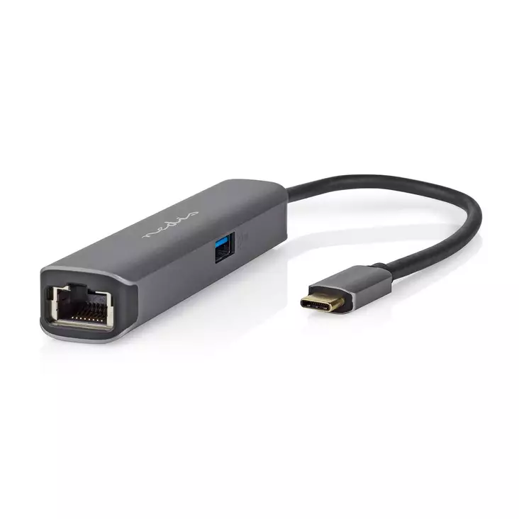 USB Multi-Port Adapter | 4-in-1 | USB 3.2 Gen 1 | USB-C Hane | HDMI Utgång / RJ45 Hona / USB-A Hona / USB-C Hona | 5 Gbps | 0.20 m | Rund | Guldplaterad | PVC | Antracit | Låda - Dator och nätverk - 5412810414239 - 1