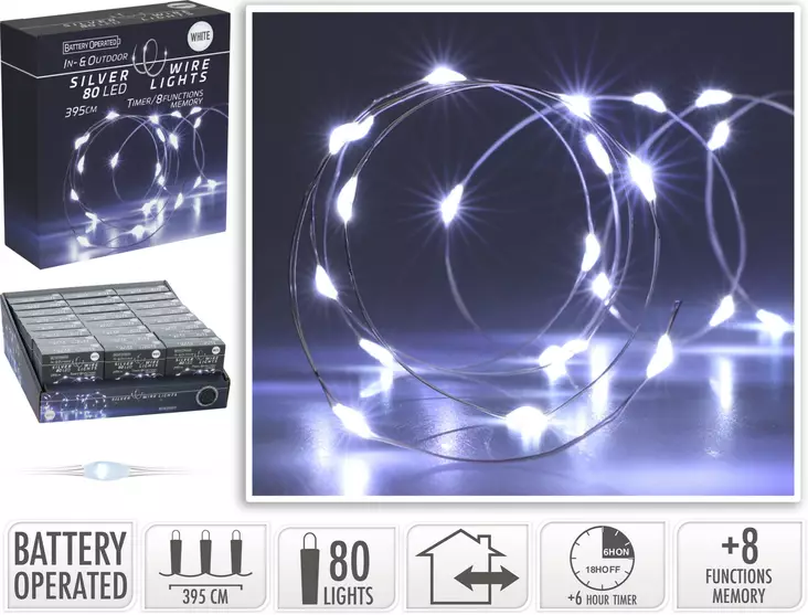 Silvertråd LED-ljusslinga 80 kalla vita LED-lampor 395cm med timer och 8 funktioner för inomhus/utomhusbruk - Ljusslingor - 8720573662529 - 1