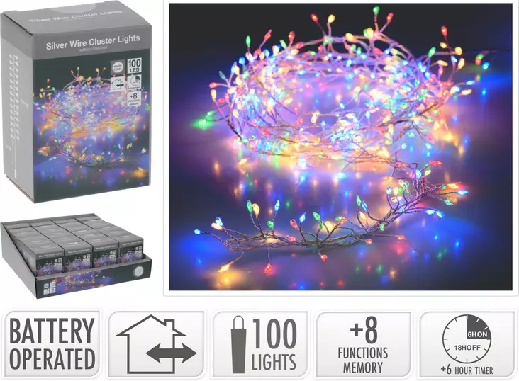 Silvertråd Julbelysning 100 LED Flerfärgad IP44 Batteridriven med Timer och 8 Funktioner - Ljusslingor - 8721037202879 - 1