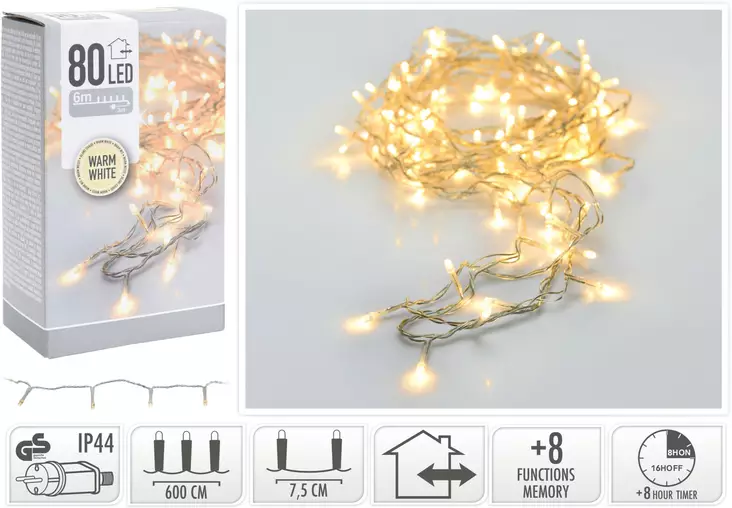 LED Julbelysning För Utomhusbruk 80 Varmvit LED 6m + 3m Kabel IP44 Timer och 8 Funktioner - Ljusslingor - 8721037226639 - 1