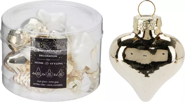 Home & Styling Glasset Juldekorationsset 12 st – Hjärta, Stjärna och Kotte, Guld och Pärlvitt - Juldekorationer och textilier - 8721037533119 - 1