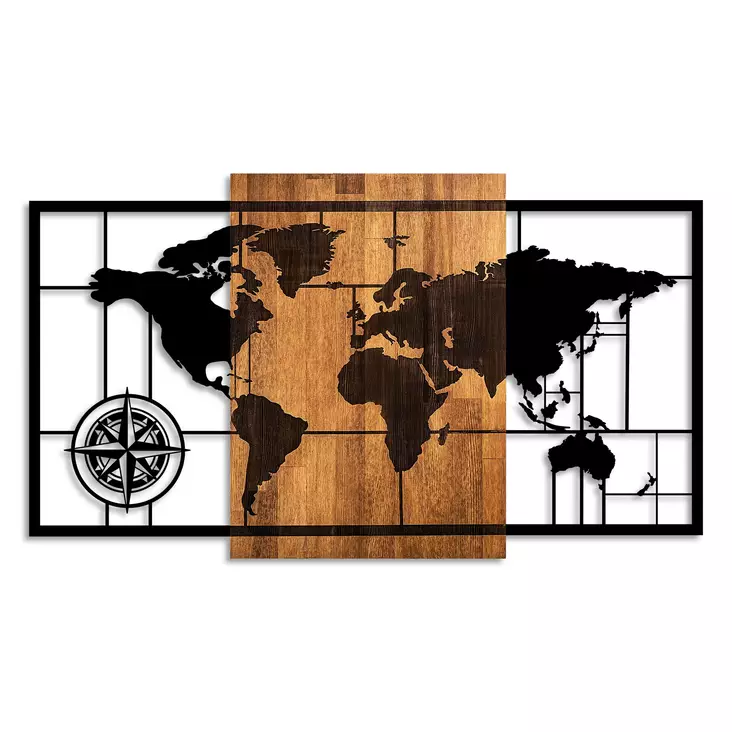 Väggdekor Trä Wallity World Map 1-L Valnöt/Svart Trä/Metall 70x121 cm - Dekorationer, prydnadsföremål - 8683742112389 - 1