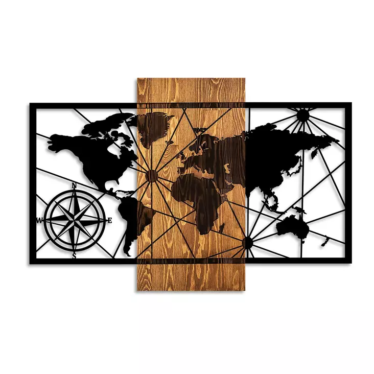 Väggdekor Trä Wallity World Map 3-M Valnöt/Svart Trä 57x84 cm - Dekorationer, prydnadsföremål - 8683742112419 - 1