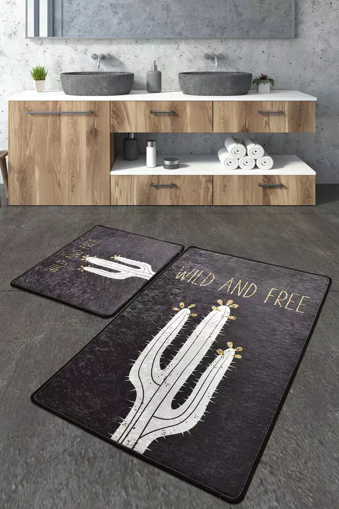Badrumsmatta Set Mijölnir Svart Vit 100% Polyester Antiallergisk Halkfri 50x60 cm & 60x100 cm - Badrumsmattor och våtrumsmattor - 8682870129849 - 1