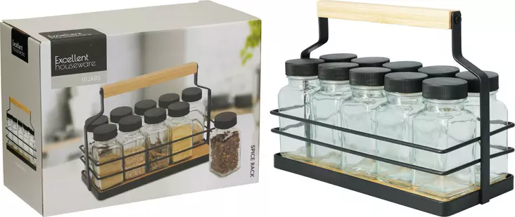 Kryddställ med 10 glasburkar och handtag - Dagliga köksartiklar - 8721037782579 - 1