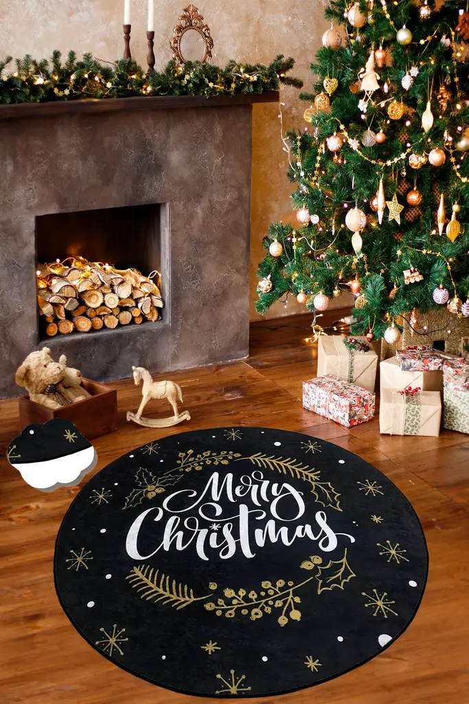 Matta Conceptum Cristmas Djt Çap Svart Vit Guld Polyester 120x120 cm - Runda mattor - 8682870193109 - 1