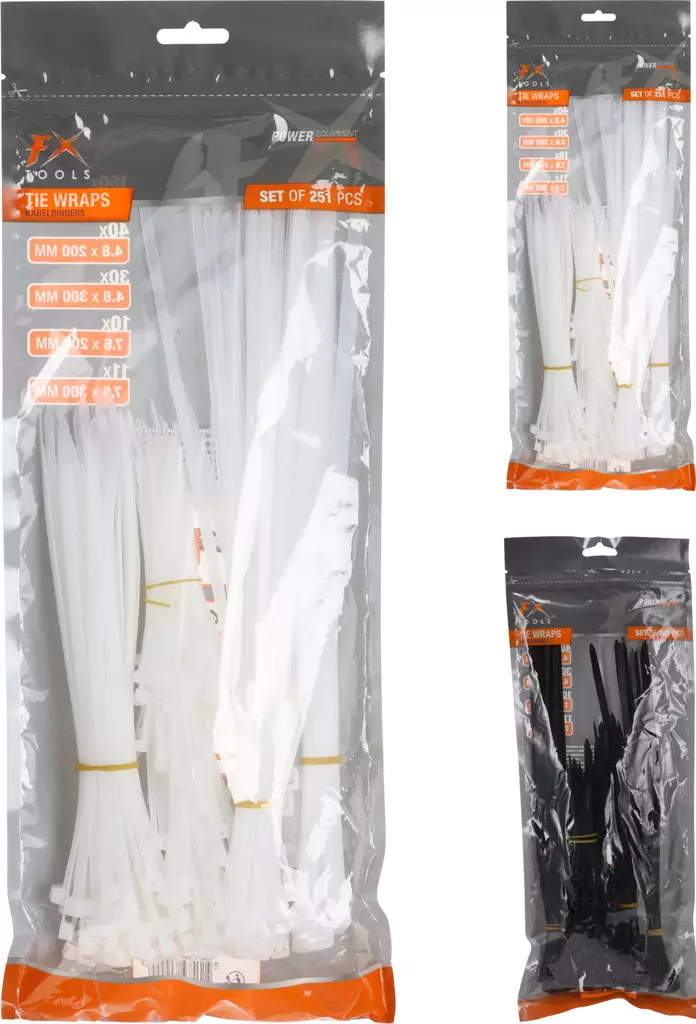 Nylonkabelband 251 st, 5 storlekar, svart eller vit - Fästen och skruvar - 8720573609999 - 1