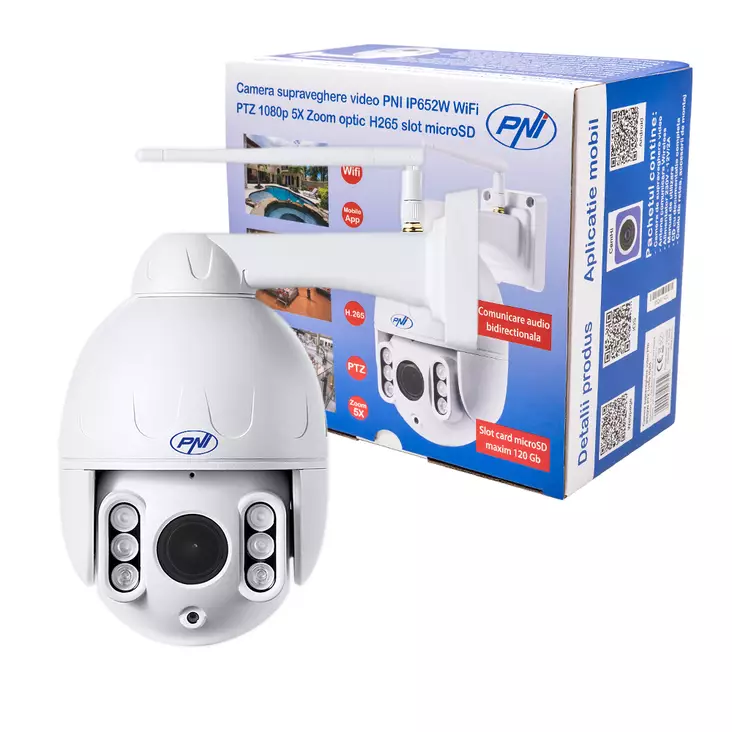PNI videoövervakningskamera IP652W WiFi PTZ 1080p 2MP 5X Optisk zoom, fristående, H265 microSD-kortplats Night Vision 50m IP66 Rörelsedetekteringslarm Tvåvägs ljudkommunikation - PNI produkter - 5949066517259 - 1