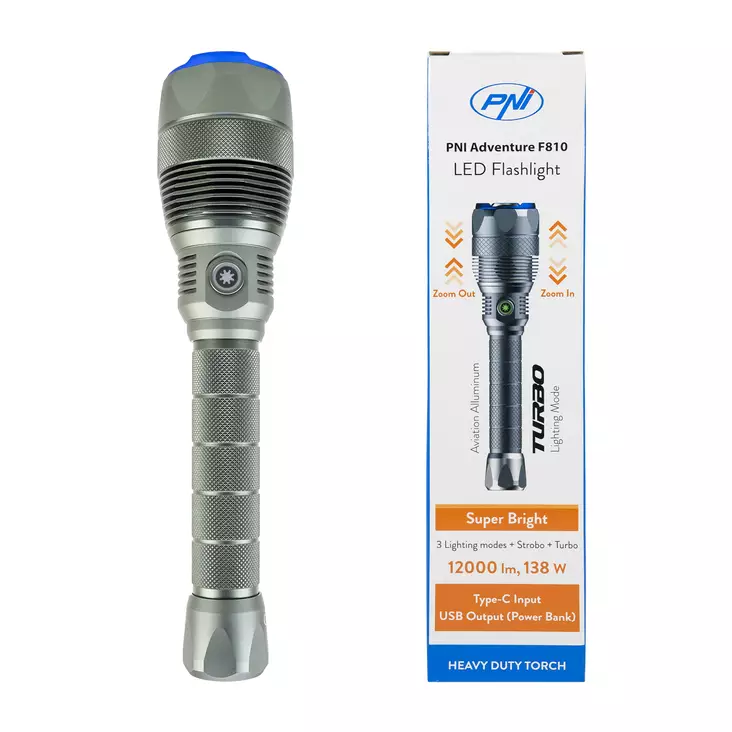 PNI Adventure F810 ficklampa med LED 138 W, 3 ljusnivåer plus Turbo, 12000 lumen, zoom, upp till 250 m, 5000 mAh batteri, IPX7, Power Bank-funktion - Ficklampor - 5949066537479 - 1