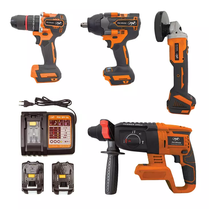 PNI WK450 Batteriverktygspaket 18V - 4 maskiner, 2 batterier (5.0Ah) & laddare - Batteridrivna borrmaskiner och skruvdragare - 5949066533129 - 1