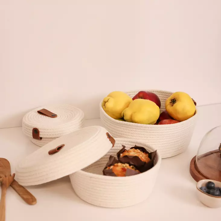 Bomullskorgset (3 delar), linne, 15 x 15 x 7 cm, hållbar, handgjord - Förvaringslådor och korgar - 8683742916949 - 1