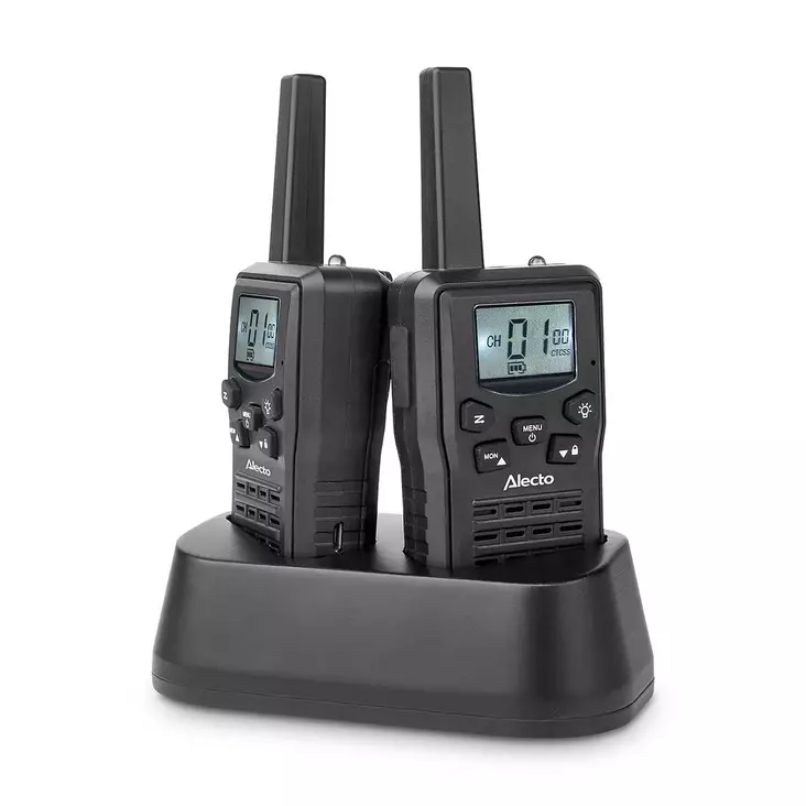 Walkie-Talkie Set | 2 handenheter | Upp till 10 km | Frekvenskanaler: 8 | PTT / VOX | 24 h standby | Laddningsbas ingår | Hörlursutgång | Svart - Walkie-talkies och megafoner - 8711902102489 - 1
