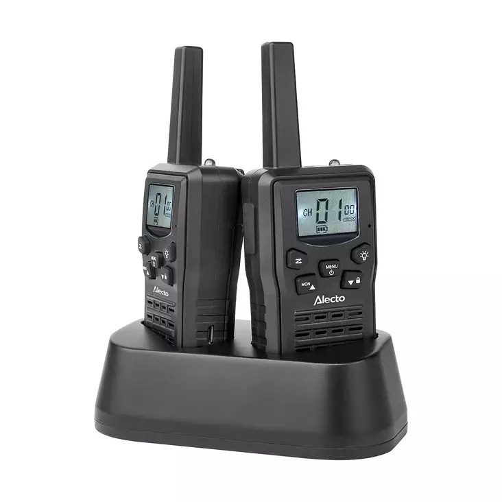 Walkie-Talkie Set | 2 handenheter | Upp till 10 km | Frekvenskanaler: 8 | PTT / VOX | 24 h standby | Laddningsbas ingår | Hörlursutgång | Svart - Walkie-talkies och megafoner - 8711902102489 - 1