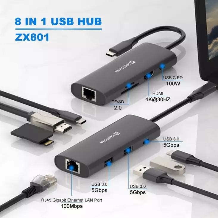 Swissten USB-C HUB 8-IN-1 - USB-adaptrar och dockning - 8595217487369 - 1