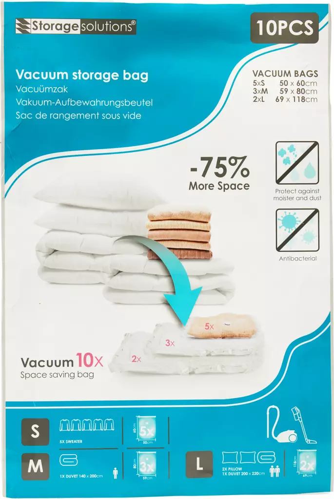 Vakuumförvaringspåsar 10-pack i 3 storlekar - Klädpåsar och galgar - 8721037574259 - 1